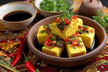 Fried Tofu with Chili Sauce and Green Onion Garnish