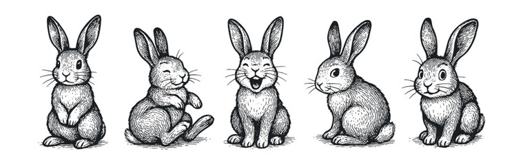 Set of cute bunnies in different adorable poses, drawn in a hand-sketched vintage style.