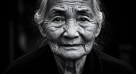 Black and white portrait of elderly woman with deep wrinkles and kind eyes – emotional and expressive close-up capturing age, wisdom, beauty, and the human experience in timeless monochrome