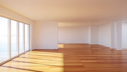Obraz premium Sunlight floods a spacious, minimalist room with hardwood floors and large windows, evoking