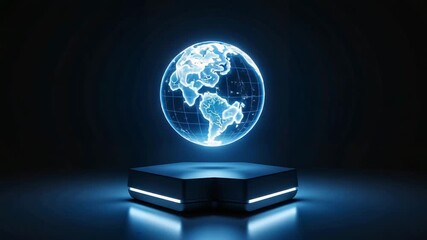 Holographic globe displaying world map on illuminated platform   - Powered by Adobe