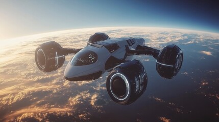 Futuristic Spacecraft Gliding Over Earth with Stunning Atmosphere