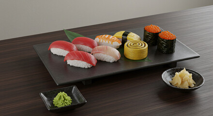 An assortment of colorful sushi, including tuna, egg, and roe, artfully arranged on a black rectangular plate with ginger and wasabi.