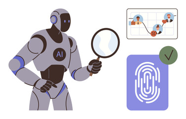 AI robot holding magnifying glass examines analytics graph and biometric fingerprint verification. Ideal for technology, artificial intelligence, security, research, data analysis, biometrics