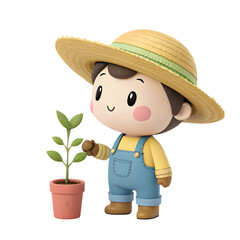 A 3D character of a happy gardener wearing a straw hat and overalls, smiling warmly, holding a watering can