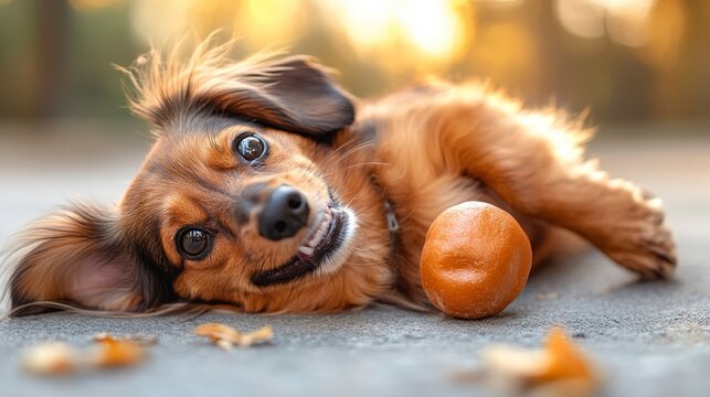 Adorable brown dog relaxing with orange ball in autumn setting