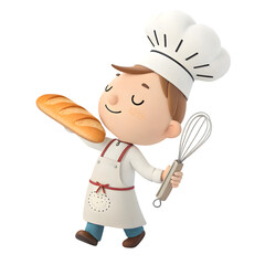 Naklejka premium A 3D character of a joyful baker wearing a chef hat and an apron, smiling brightly, holding a tray of freshly baked bread or pastries, and standing in a proud, welcoming pose.