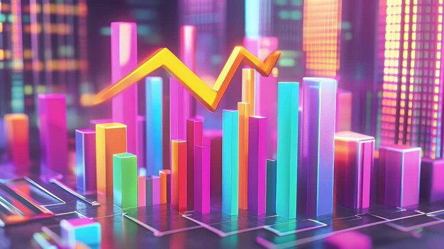 Abstract illustration of colorful chart bars with downward trend lines over urban cityscape at night