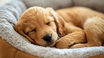 Adorable Golden Puppy Sleeping Peacefully in Cozy Pet Bed