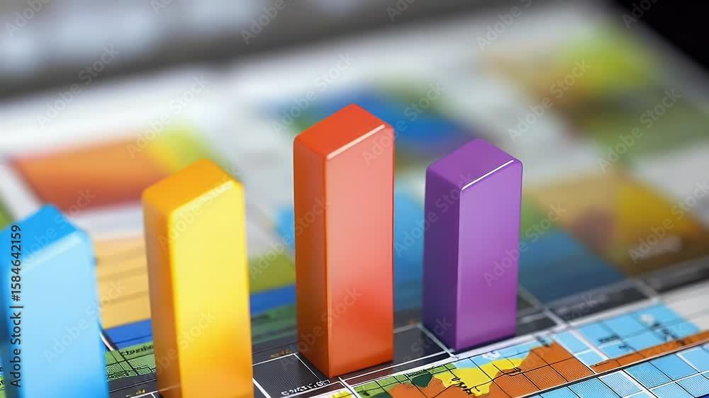 Poster abstract graphic with colorful chart bars on a world map representing data analysis and business gro