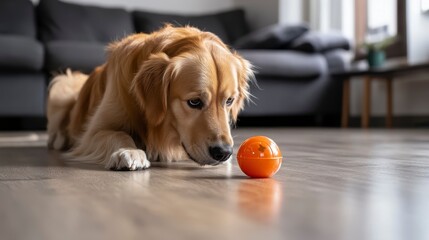 Playful Golden Retriever Dog Looks at Orange Ball Indoors