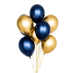 A bunch of dark blue and gold metallic balloons against a white background, a product photo for a web shop.