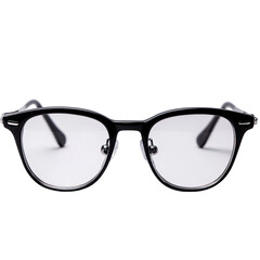 A pair of black glasses with silver rims, front view, white background, studio lighting, product photography