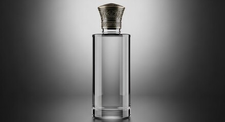 Clear glass bottle with decorative metal stopper, studio shot