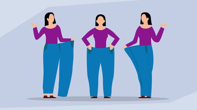 Woman Showing Weight Loss Progress with Oversized Pants – Before and After Transformation cartoon animation