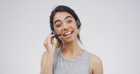 Call center, studio and portrait of happy woman for tech support, help and customer service. IT...