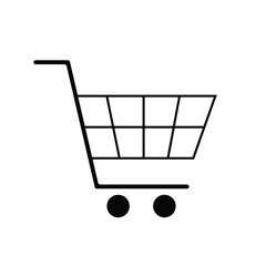 Isolated shopping cart icon with black lines and wheels on a white background in simple minimalist style