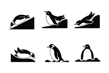 Obraz premium Black and white penguin silhouettes in various poses and actions animal wildlife