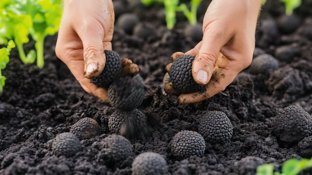 Hand picking black organic truffles Harvesting fresh black truffles from rich soil.	
