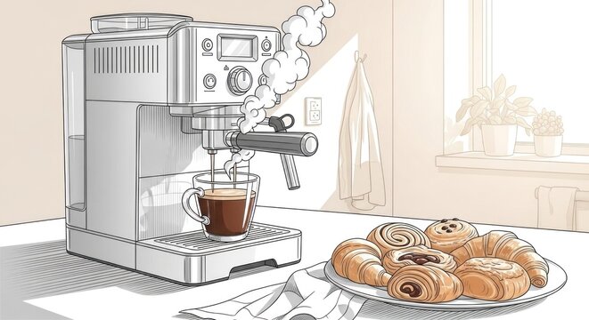 coffee machine brewing, pastries, kitchen setting clip art preview