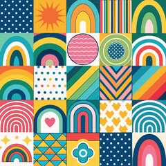Rainbow vector geometric seamless patterns collection. Set of bright colorful backgrounds with modern minimal labels. Cute abstract geometrical textures. Simple pattern design for babies, kids, decor