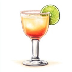a vector color illustration of a margarita drink in a low ball glass on a white background