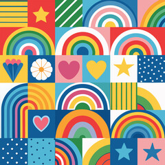 Rainbow vector geometric seamless patterns collection. Set of bright colorful backgrounds with modern minimal labels. Cute abstract geometrical textures. Simple pattern design for babies, kids, decor