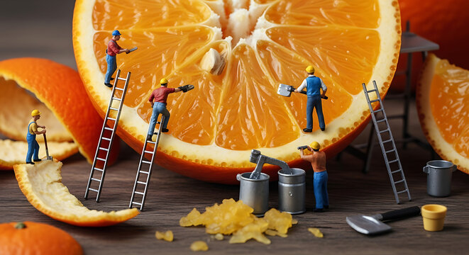 Miniature workers meticulously working on a giant orange slice, peeling, and processing it.
