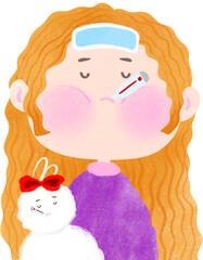 Sick Girl with Toy – Cute Cartoon Character with Fever
