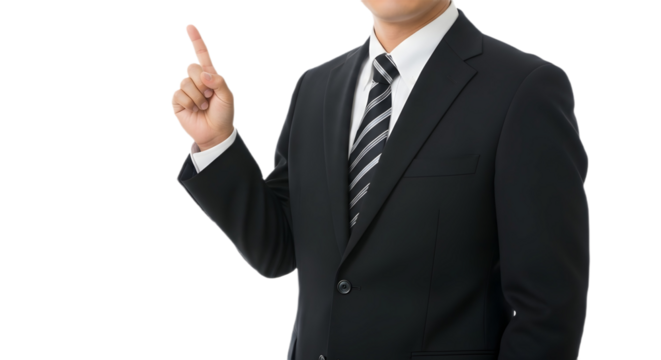 businessman, suit, tie, pointing, upwards, white background, torso, formal wear, professional, gesture, finger, hand, clothing, apparel, necktie, business, corporate, male, man, person, adult, isolate