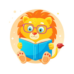 Naklejka premium Cute Lion Reading Book in Library Vector