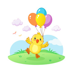 Obraz premium Happy Chick with Balloons Vector Cartoon