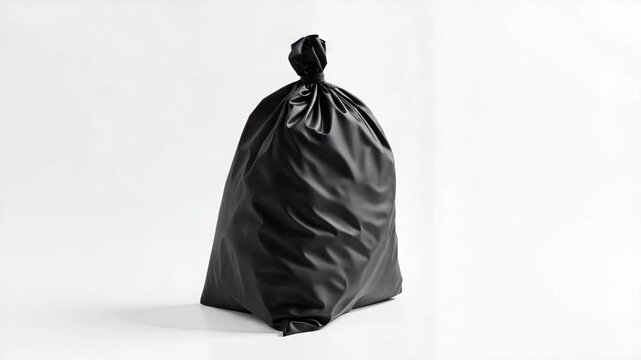 Black plastic garbage bag tied at the top on a white background  