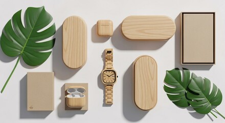 Eco friendly wooden watch and accessories flat lay product photography for online store promotion sale