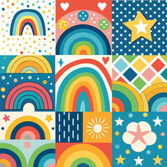 Rainbow vector geometric seamless patterns collection. Set of bright colorful backgrounds with modern minimal labels. Cute abstract geometrical textures. Simple pattern design for babies, kids, decor