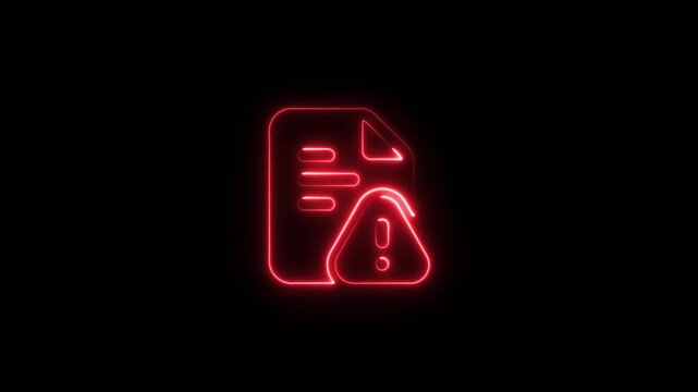 Glowing neon error document file icon error report info warning animation. file damage icon. Document with exclamation mark, danger data.