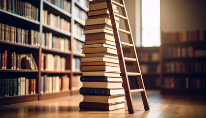 Tower of Knowledge: Books and Ladder in Library Setting