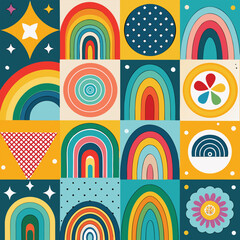 Rainbow vector geometric seamless patterns collection. Set of bright colorful backgrounds with modern minimal labels. Cute abstract geometrical textures. Simple pattern design for babies, kids, decor