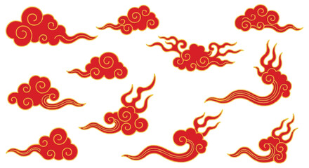 Collection of traditional red chinese clouds isolated on transparent background