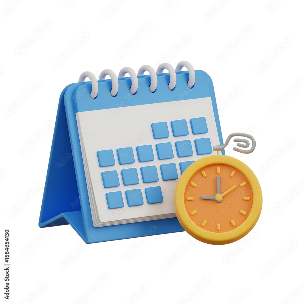 Aufkleber 3d rendering vector icon of a calendar and a clock isolated on transparent background