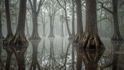 Misty forest reflecting in tranquil water.