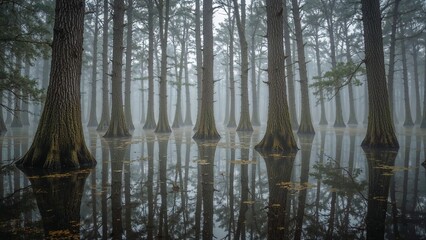 Misty, flooded forest with tall trees reflecting in the water.