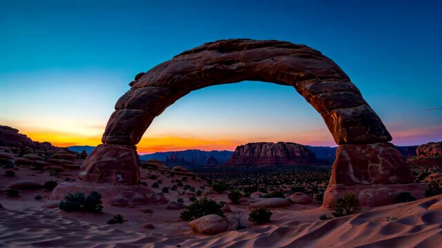 arafed arch in the desert with a sunset in the background