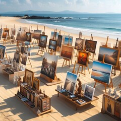 An art exhibition is held on the beach showcasing the work of lo