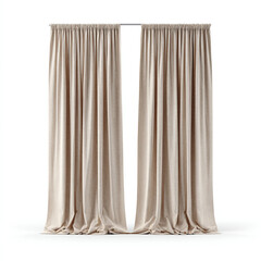 Two beige linen curtains hanging open on a white background