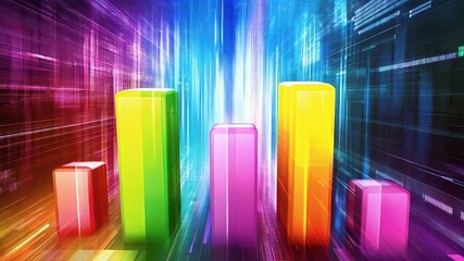 Abstract digital data visualization of colorful bar graphs in futuristic grid data center. Bright neon highlights emphasize the concept of data analysis and information. - Powered by Adobe