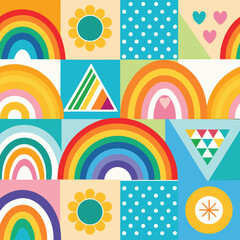 Rainbow vector geometric seamless patterns collection. Set of bright colorful backgrounds with modern minimal labels. Cute abstract geometrical textures. Simple pattern design for babies, kids, decor