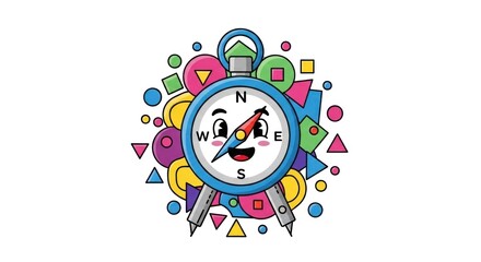 Obraz premium Cartoon compass with colorful abstract geometric shapes around it