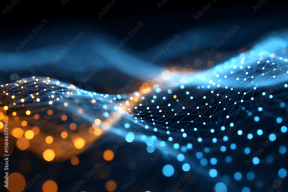 Poster visual representation of data flow with glowing dots and wave patterns in blue and orange tones