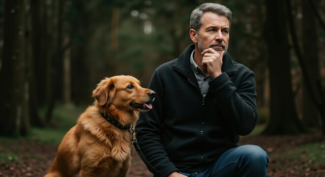 Man with golden retriever dog sitting outdoors in thoughtful pose. Pet ownership and human animal bond. Companionship and outdoor recreation lifestyle